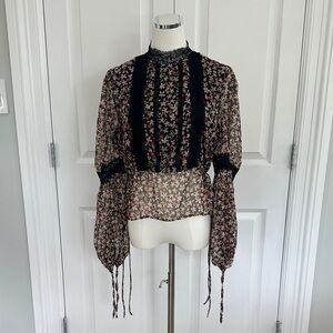 Topshop Black Floral Boho Sheer Lace Trim Long Sleeve Tie Waist Blouse Size 6
